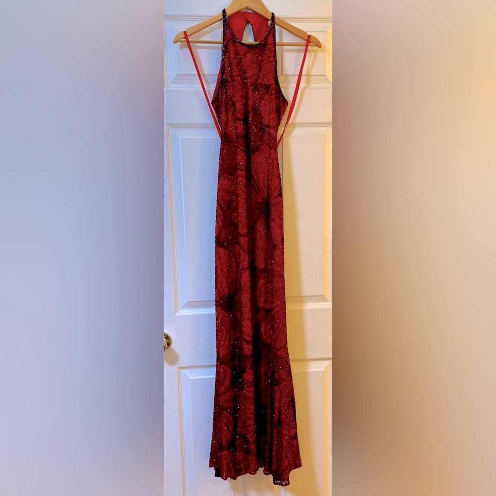 Cache Vintage Silk Red Floral Beaded Full Length Gown with Open Back XS
